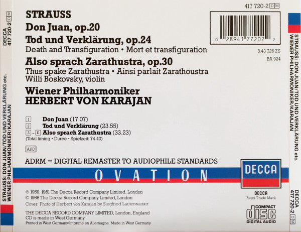 Richard Strauss - Wiener Philharmoniker, Herbert von Karajan : Also Sprach Zarathustra / Don Juan / Tod Und Verklärung  (CD, Comp, RM)