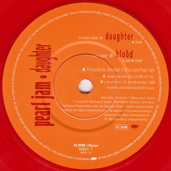 Pearl Jam : Daughter (7", Single, S/Edition, Red)