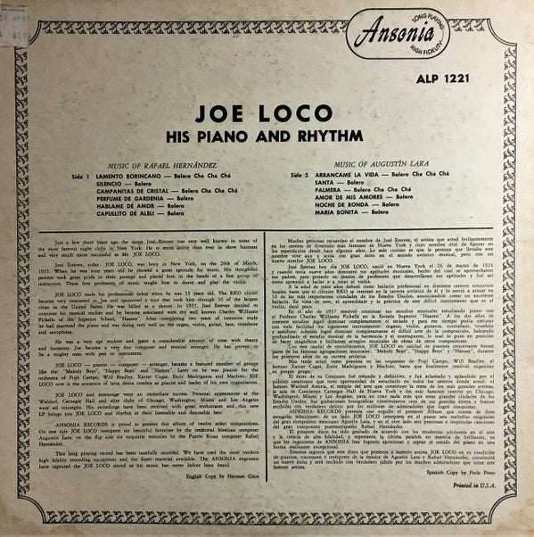 Joe Loco His Piano And Rhythm : The Music Of Rafael Hernández And Augustín Lara (LP, RE)