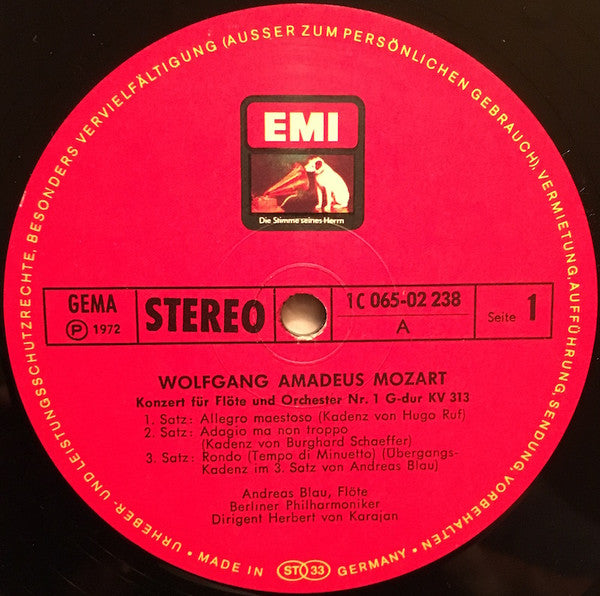 Wolfgang Amadeus Mozart - Herbert Von Karajan, Berliner Philharmoniker, Andreas Blau, James Galway, Fritz Helmis : Karajan Dirigiert Mozart - Bläserkonzerte Folge 1 (LP, Album, RE, red)