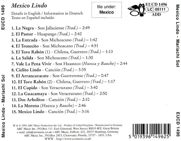 Mariachi Sol De México : Mexico Lindo (CD, Album, RE)