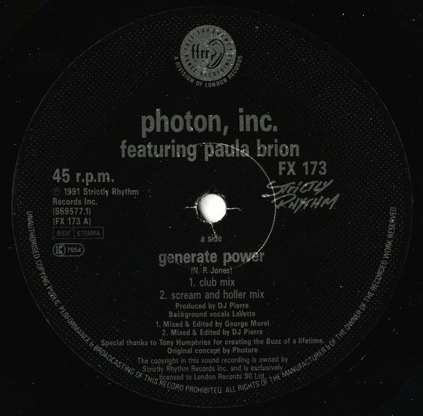 Photon, Inc.* Featuring Paula Brion : Generate Power (12")