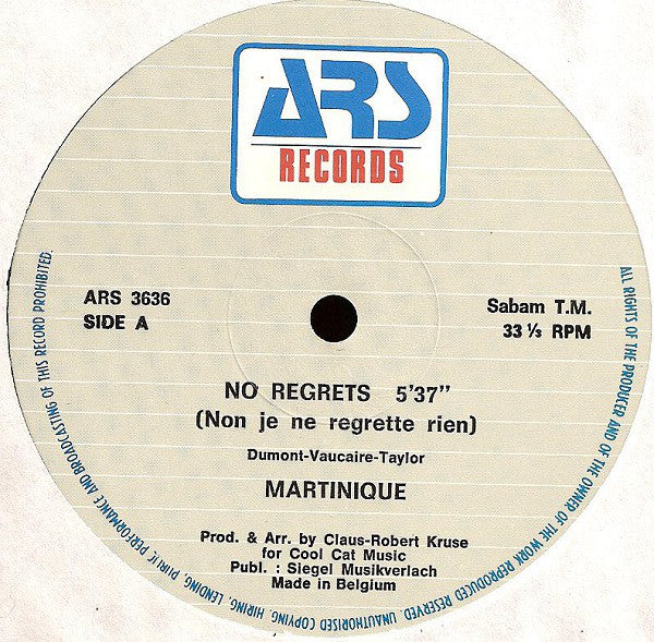 Martinique (2) : No Regrets (Non, Je Ne Regrette Rien) (12", Maxi)