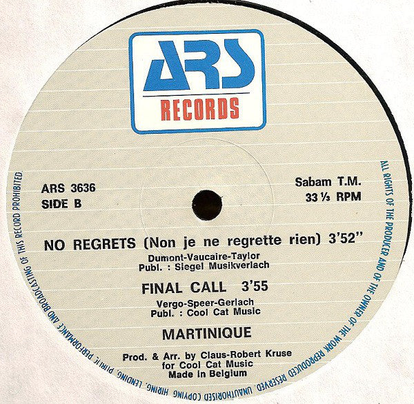 Martinique (2) : No Regrets (Non, Je Ne Regrette Rien) (12", Maxi)
