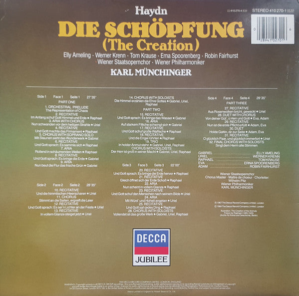 Joseph Haydn - Elly Ameling • Werner Krenn • Tom Krause • Erna Spoorenberg • Robin Fairhurst • Wiener Staatsopernchor • Wiener Philharmoniker • Karl Münchinger : Die Schöpfung (The Creation) (2xLP, RE, Gat)