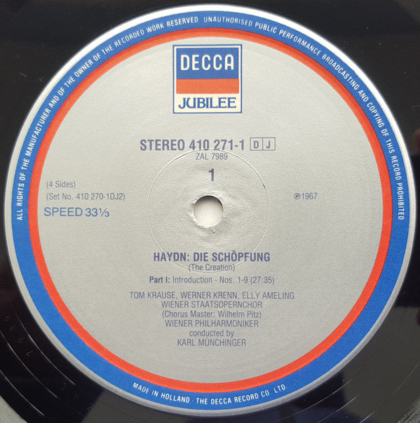 Joseph Haydn - Elly Ameling • Werner Krenn • Tom Krause • Erna Spoorenberg • Robin Fairhurst • Wiener Staatsopernchor • Wiener Philharmoniker • Karl Münchinger : Die Schöpfung (The Creation) (2xLP, RE, Gat)