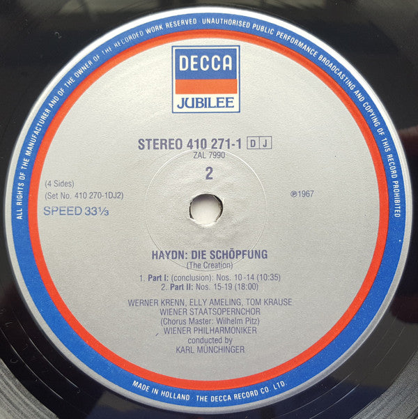 Joseph Haydn - Elly Ameling • Werner Krenn • Tom Krause • Erna Spoorenberg • Robin Fairhurst • Wiener Staatsopernchor • Wiener Philharmoniker • Karl Münchinger : Die Schöpfung (The Creation) (2xLP, RE, Gat)