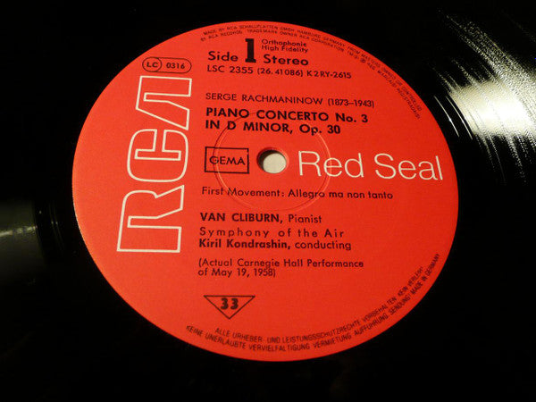 Sergei Vasilyevich Rachmaninoff - Van Cliburn, Symphony Of The Air, Kiril Kondrashin : Concerto No. 3 (LP, Album, RE)