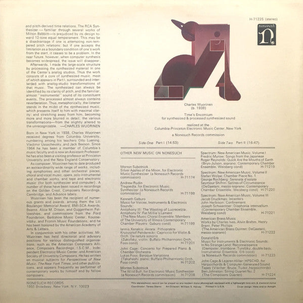 Charles Wuorinen : Time's Encomium (For Synthesized & Processed Synthesized Sound) (LP, Album)
