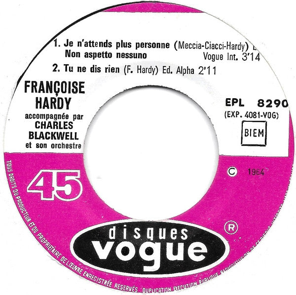 Françoise Hardy : Je N'attends Plus Personne (7", EP)