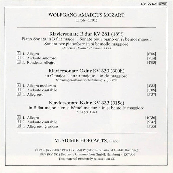 Wolfgang Amadeus Mozart, Vladimir Horowitz : Klaviersonaten KV 281 · KV 330 · KV 333 (Piano Sonatas ·  Sonates Pour Piano) (CD, Comp)