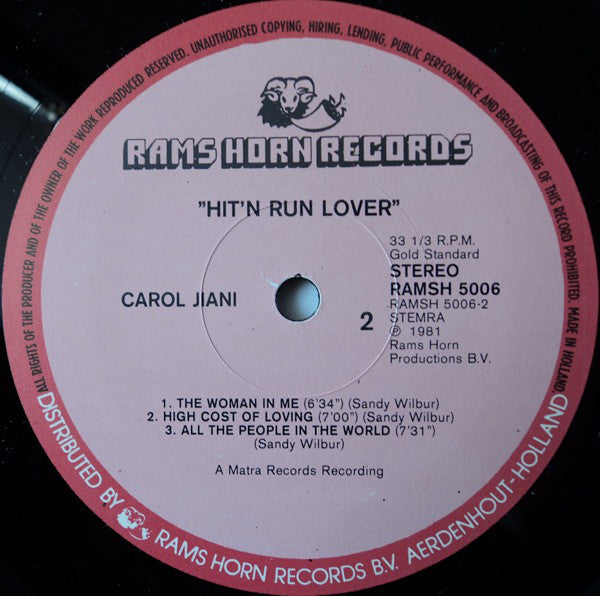 Carol Jiani : Hit'n Run Lover (LP, Album)