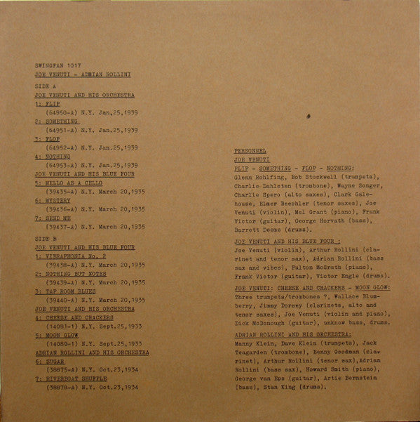 Joe Venuti, Adrian Rollini : Joe Venuti And Adrian Rollini 1933-1939 (LP, Comp, Ltd)