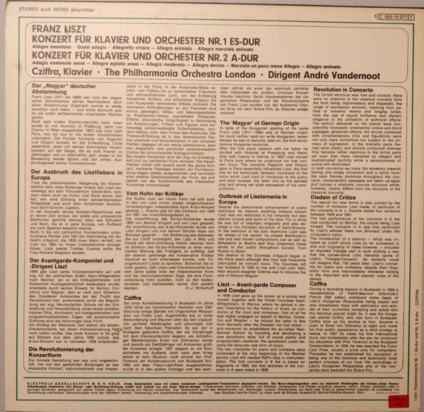 Franz Liszt / Gyorgy Cziffra, Philharmonia Orchestra, André Vandernoot : Klavierkonzerte Nr. 1 Es-Dur Und Nr. 2 A-Dur (LP, Album)