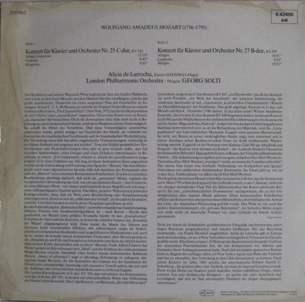 Wolfgang Amadeus Mozart · Alicia De Larrocha · Georg Solti · London Philharmonic Orchestra : Mozart Klavierkonzert Nr. 25 C-Dur: KV 503 / Klavierkonzert Nr. 27 B-Dur: KV 595 (LP)