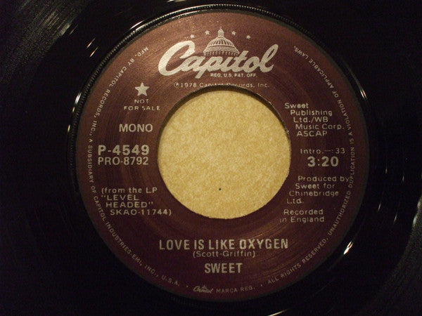 The Sweet : Love Is Like Oxygen (7", Single, Mono, Promo)
