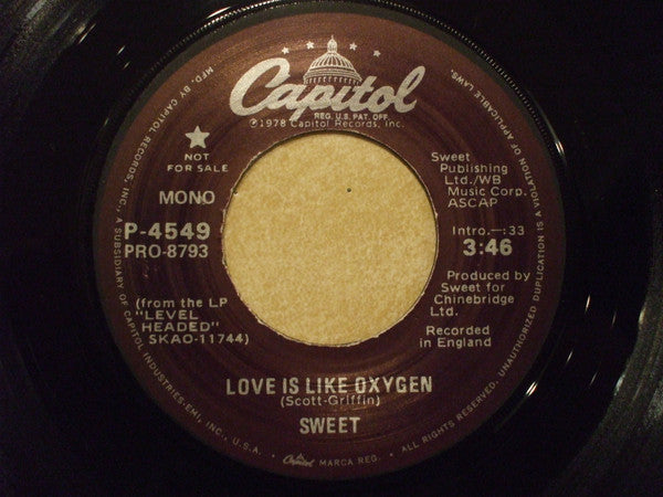 The Sweet : Love Is Like Oxygen (7", Single, Mono, Promo)