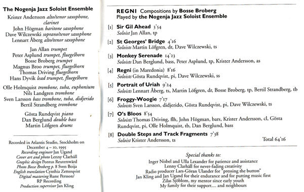 Nogenja Jazz Soloist Ensemble, Bosse Broberg : Regni (CD, Album)