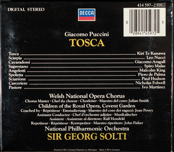 Giacomo Puccini - Kiri Te Kanawa, Leo Nucci, Giacomo Aragall, Welsh National Opera Chorus, National Philharmonic Orchestra, Georg Solti : Tosca (2xCD, Album + Box)