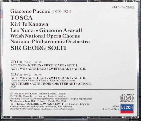 Giacomo Puccini - Kiri Te Kanawa, Leo Nucci, Giacomo Aragall, Welsh National Opera Chorus, National Philharmonic Orchestra, Georg Solti : Tosca (2xCD, Album + Box)