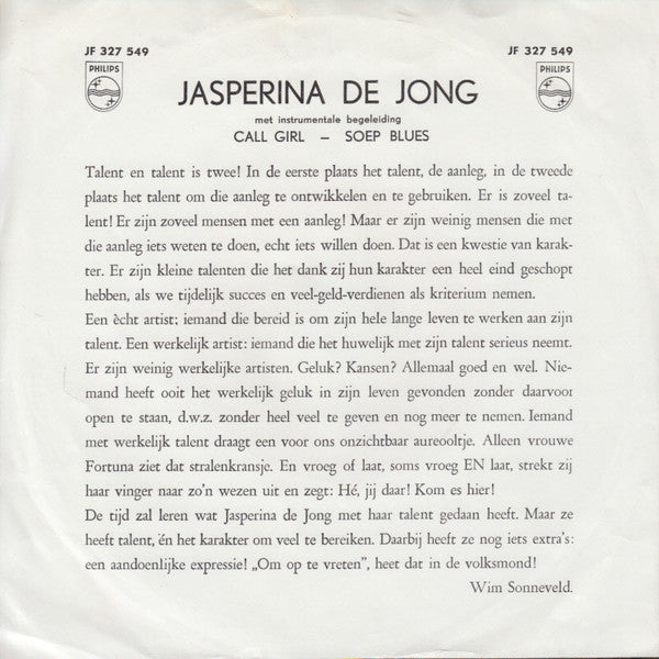 Jasperina de Jong : Call Girl / Soep Blues (7", Single, Mono, red)