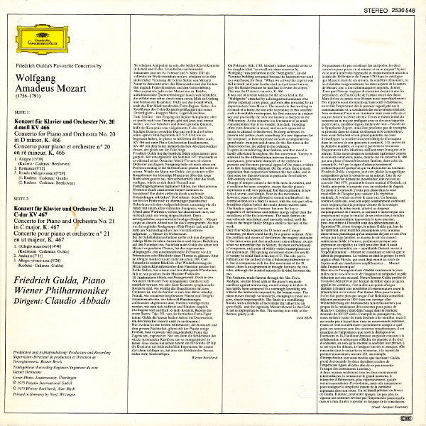 Wolfgang Amadeus Mozart, Friedrich Gulda | Wiener Philharmoniker • Wiener Philharmoniker | Claudio Abbado : Klavierkonzerte · Piano Concertos Nr. 20 & 21 (LP)