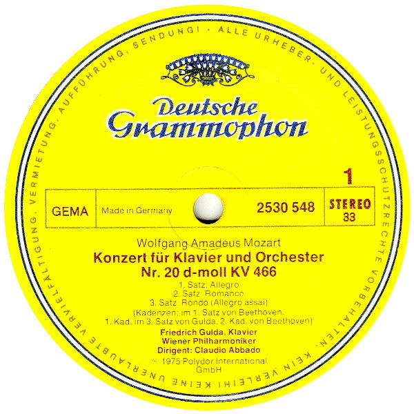 Wolfgang Amadeus Mozart, Friedrich Gulda | Wiener Philharmoniker • Wiener Philharmoniker | Claudio Abbado : Klavierkonzerte · Piano Concertos Nr. 20 & 21 (LP)