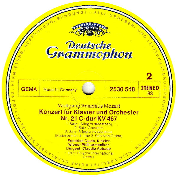 Wolfgang Amadeus Mozart, Friedrich Gulda | Wiener Philharmoniker • Wiener Philharmoniker | Claudio Abbado : Klavierkonzerte · Piano Concertos Nr. 20 & 21 (LP)