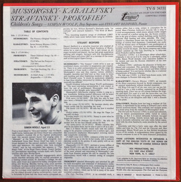 Igor Stravinsky / Sergei Prokofiev / Modest Mussorgsky / Dmitry Kabalevsky - Simon Woolf, Steuart Bedford : Children´s Songs (LP)