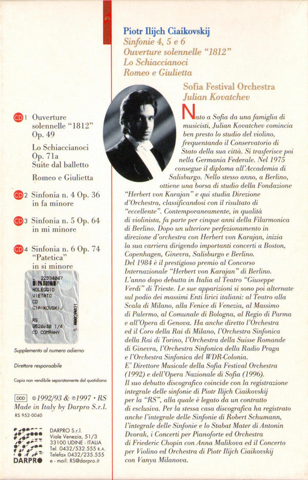 Pyotr Ilyich Tchaikovsky, Sofia Festival Orchestra, Julian Kovatchev : Sinfonie 4, 5 E 6, Ouverture "1812", Lo Schiaccianoci, Romeo E Giulietta (4xCD, Comp)