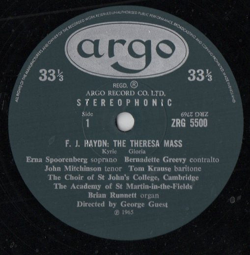 Joseph Haydn / Erna Spoorenberg, Bernadette Greevy, John Mitchinson, Tom Krause, St. John's College Choir, The Academy Of St. Martin-in-the-Fields Directed By George Guest (2) : Theresa Mass (LP, Album)