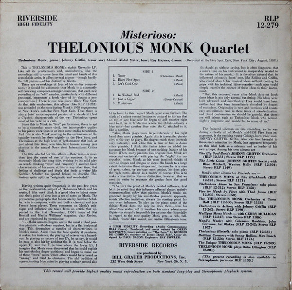 Thelonious Monk Quartet* : Misterioso (LP, Album, Mono)