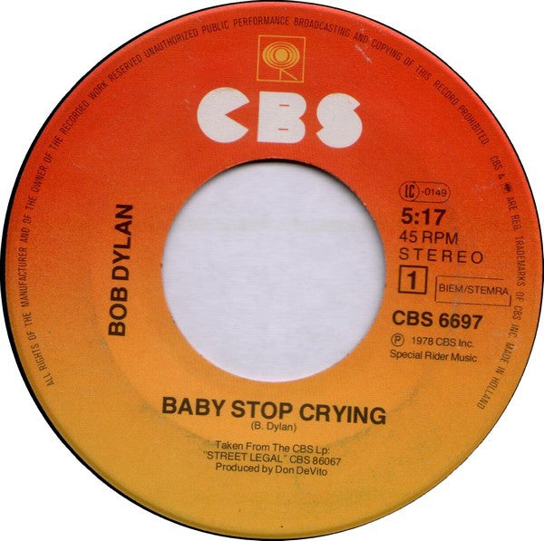 Bob Dylan : Baby Stop Crying (7", Single)