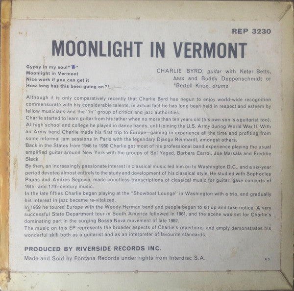 Charlie Byrd : Moonlight In Vermont (7", EP)
