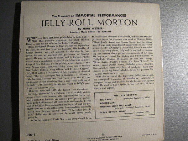 Jelly Roll Morton's Red Hot Peppers : The Chant / Black Bottom Stomp / Doctor Jazz / Original Jelly Roll Blues (7", EP)