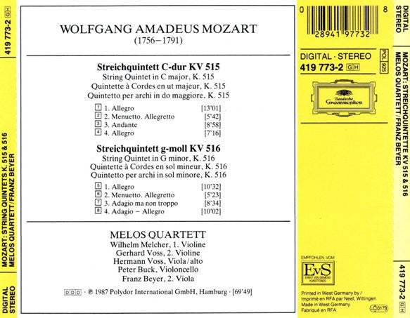 Wolfgang Amadeus Mozart / Melos Quartett • Franz Beyer : String Quintets KV 515 & 516 (CD, Album, RE)