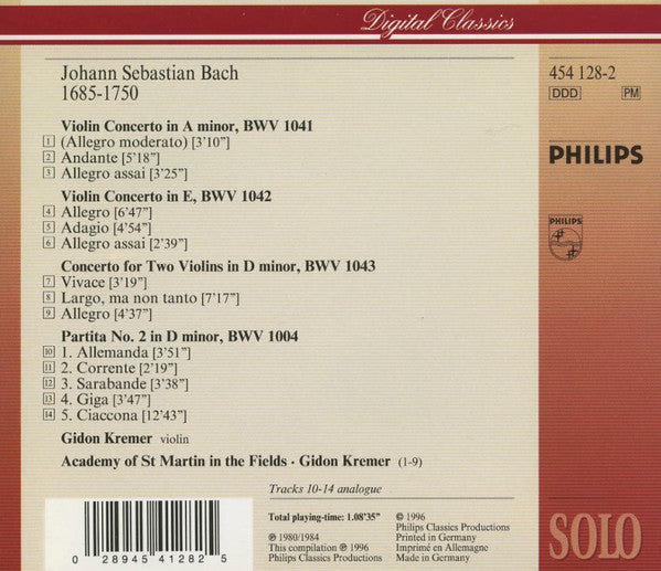 Johann Sebastian Bach - Gidon Kremer, The Academy Of St. Martin-in-the-Fields : The Two Violin Concertos / Double Concerto / Partita No. 2 In D Minor (CD, Comp, RE)