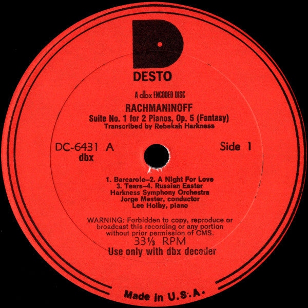 Lee Hoiby, Rebekah Harkness : Rachmaninoff Suites Nos. I and II For Two Pianos - DBX (LP, Album, dbx)