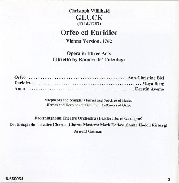 Christoph Willibald Gluck, Ann-Christin Biel, Maya Boog, Kerstin Avemo, Drottningholm Theatre Chorus And Drottningholm Theatre Orchestra, Arnold Östman : Orfeo Ed Euridice (First Vienna Version, 1762) (CD, Album)