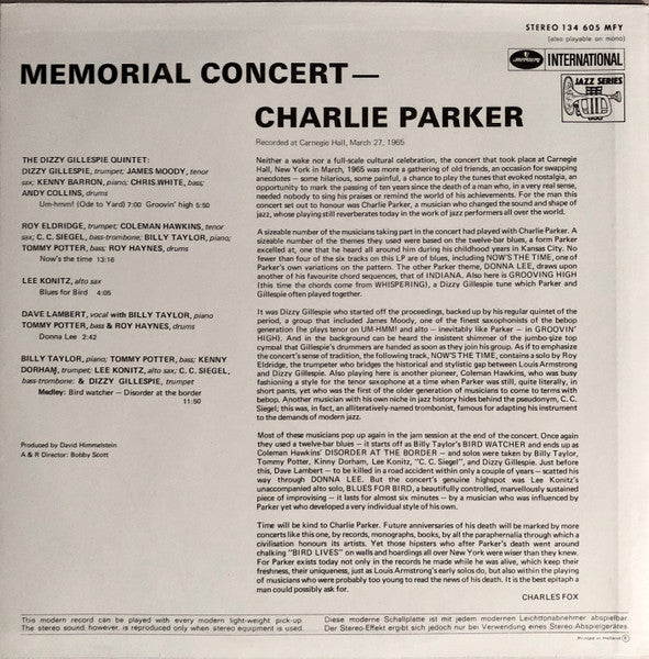 Various : Memorial Concert Charlie Parker (LP, Album)