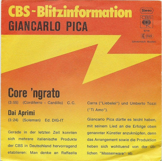 Giancarlo Pica : Core 'ngrato (7", Single, Promo)