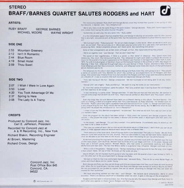 Ruby Braff / George Barnes Quartet : Braff/Barnes Quartet Salutes Rodgers And Hart (LP, Album, RE)