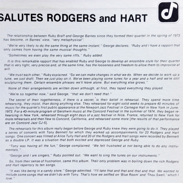 Ruby Braff / George Barnes Quartet : Braff/Barnes Quartet Salutes Rodgers And Hart (LP, Album, RE)