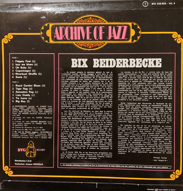 Bix Beiderbecke : Archive Of Jazz Volume 4 - Bix Beiderbecke (LP, Comp, RE)
