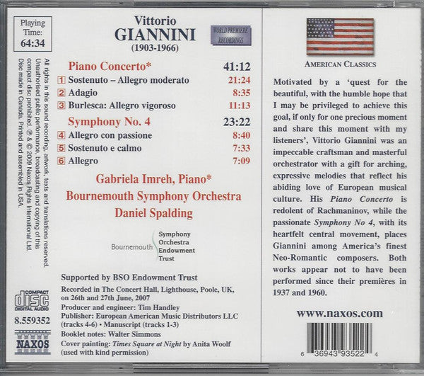 Vittorio Giannini — Gabriela Imreh ┃ Bournemouth Symphony Orchestra • Daniel Spalding : Piano Concerto • Symphony No. 4 (CD)