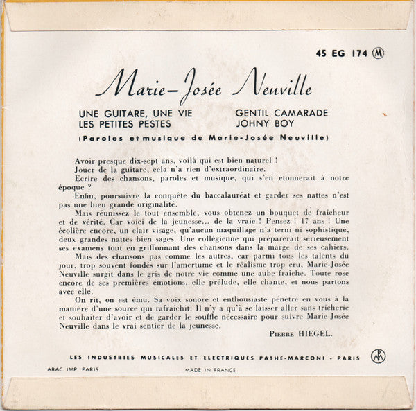 Marie-Josée Neuville : Une Guitare, Une Vie (7", EP, RE)