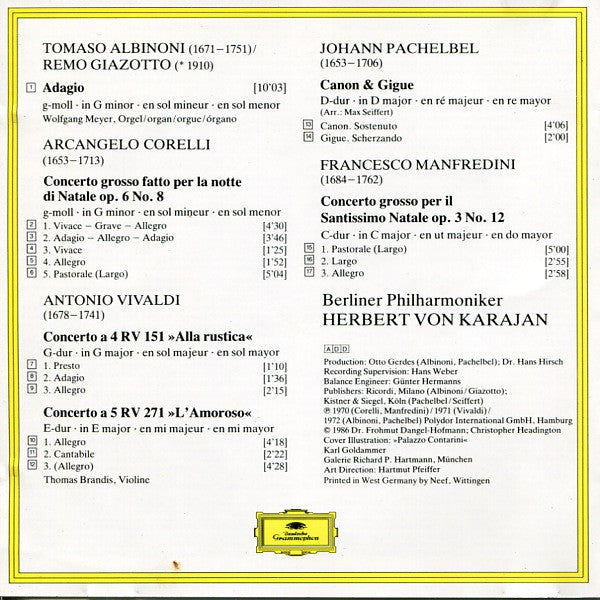 Tomaso Albinoni / Johann Pachelbel / Arcangelo Corelli & Francesco Manfredini / Antonio Vivaldi – Berliner Philharmoniker, Herbert von Karajan : Adagio / Canon & Gigue / Concerti Grossi / Concerti “Alla Rustica” & “L'Amoroso” (CD, Comp, RM)