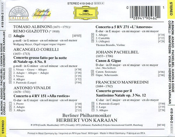 Tomaso Albinoni / Johann Pachelbel / Arcangelo Corelli & Francesco Manfredini / Antonio Vivaldi – Berliner Philharmoniker, Herbert von Karajan : Adagio / Canon & Gigue / Concerti Grossi / Concerti “Alla Rustica” & “L'Amoroso” (CD, Comp, RM)