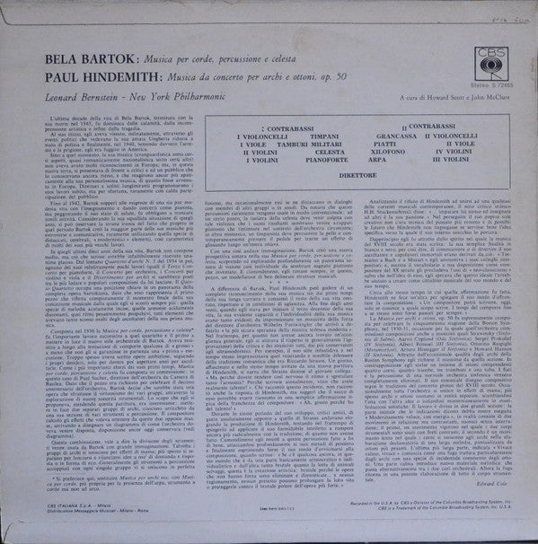 Paul Hindemith / Béla Bartók, Leonard Bernstein, New York Philharmonic : Musica Da Concerto Per Archi E Ottoni / Musica Per Corde Percussione E Celesta (LP)