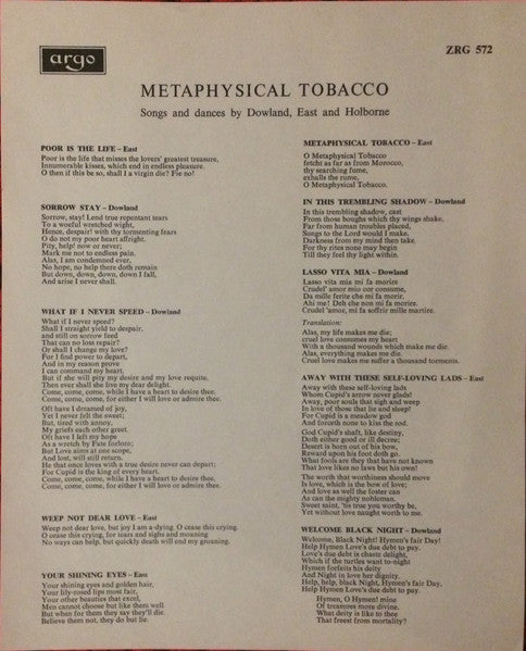 John Dowland, Michael East, Anthony Holborne / Musica Reservata , Director Michael Morrow / The Purcell Consort Of Voices , Director Grayston Burgess : Metaphysical Tobacco - Songs And Dances By Dowland, East And Holborne (LP)